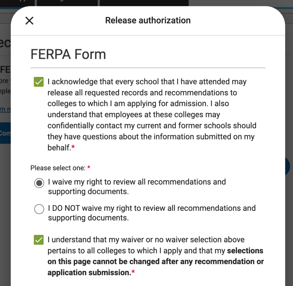 Release authorization when completing the college application