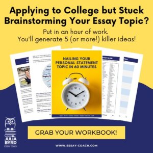Sales page of "Nailing Your Personal Statement Topic in 60 Minutes" showing five sample pages and a CTA to grab your copy of the workbook