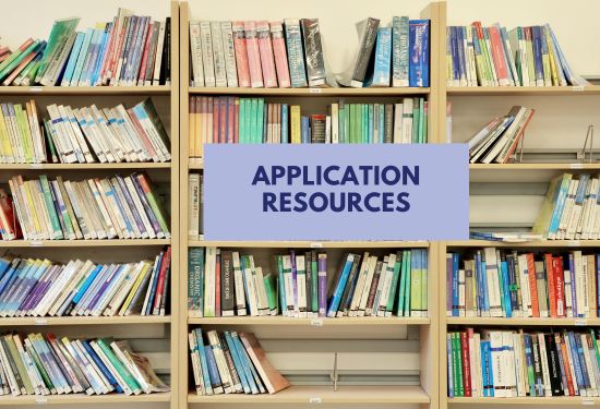 Image of a bookshelf with the text "Application Resources" overlaid.